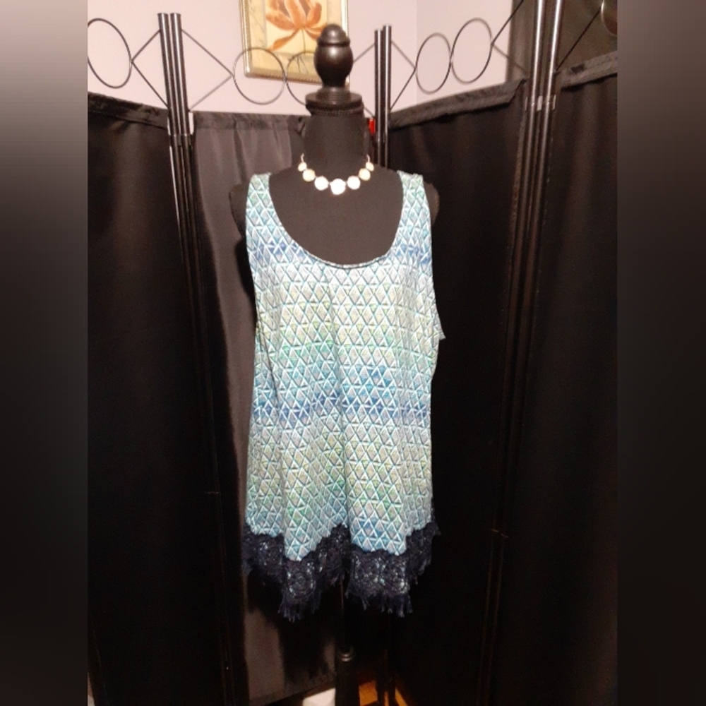 STYLUS Blue and Green Tank Top Vibrant Gigham Abstract Embrodiered Fringe 3X